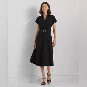 Lauren Ralph Lauren Surplice Dress Sz 12 Black Stretch Cotton Blend Belted